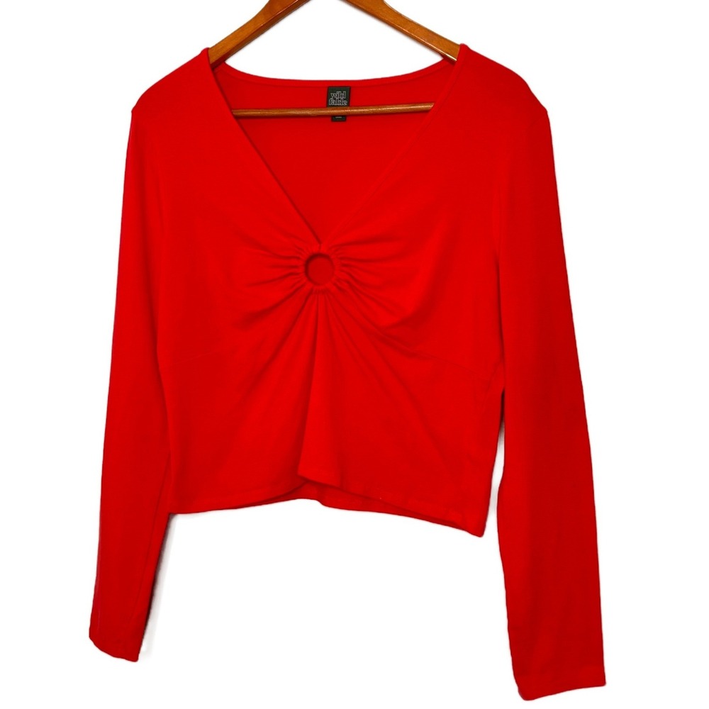 Wild Fable Red Long Sleeve Ruched Ring Front Crop Top Women's Trendy Fashion Top